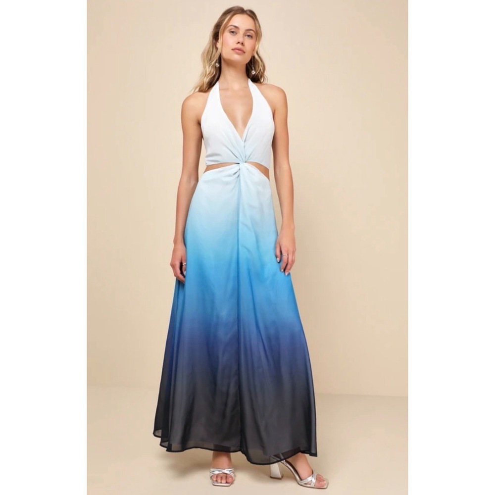 Gradient Blue Halter Maxi Dress with Twist Front